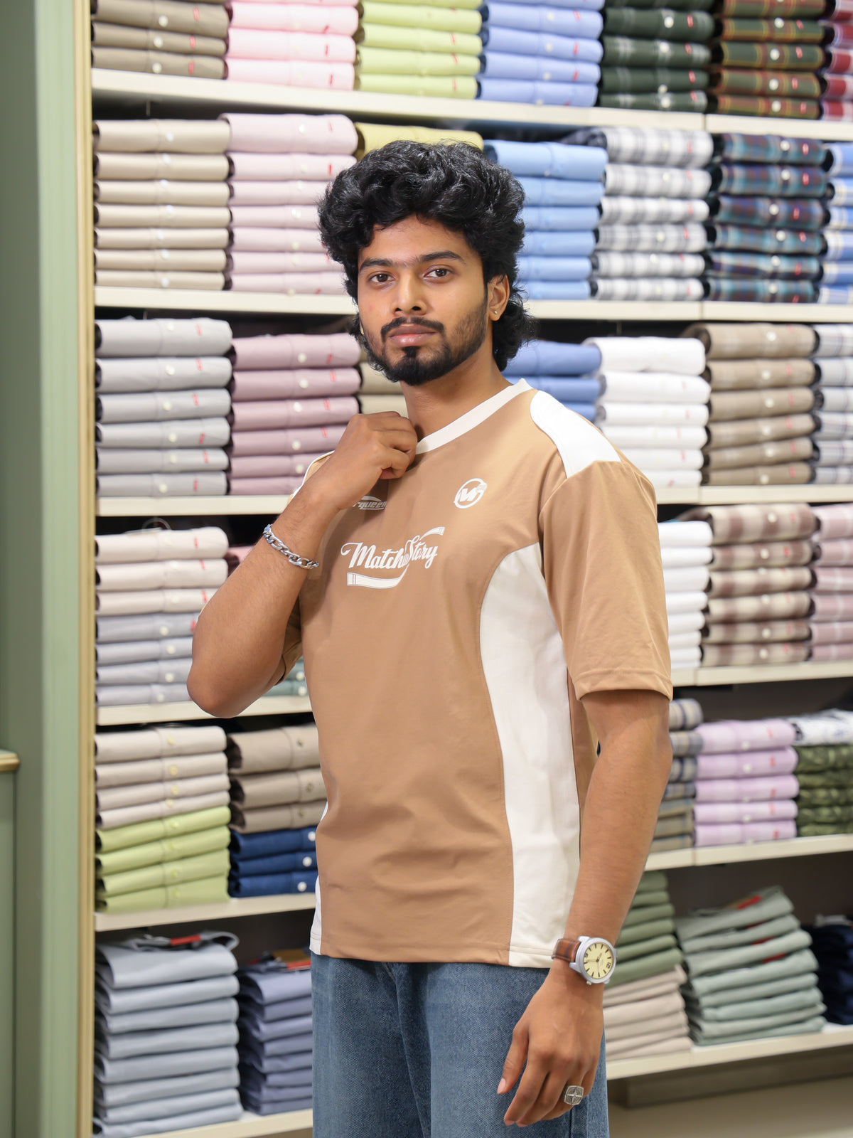 Brown Cotton-Blended Cut-And-Sew T-Shirt