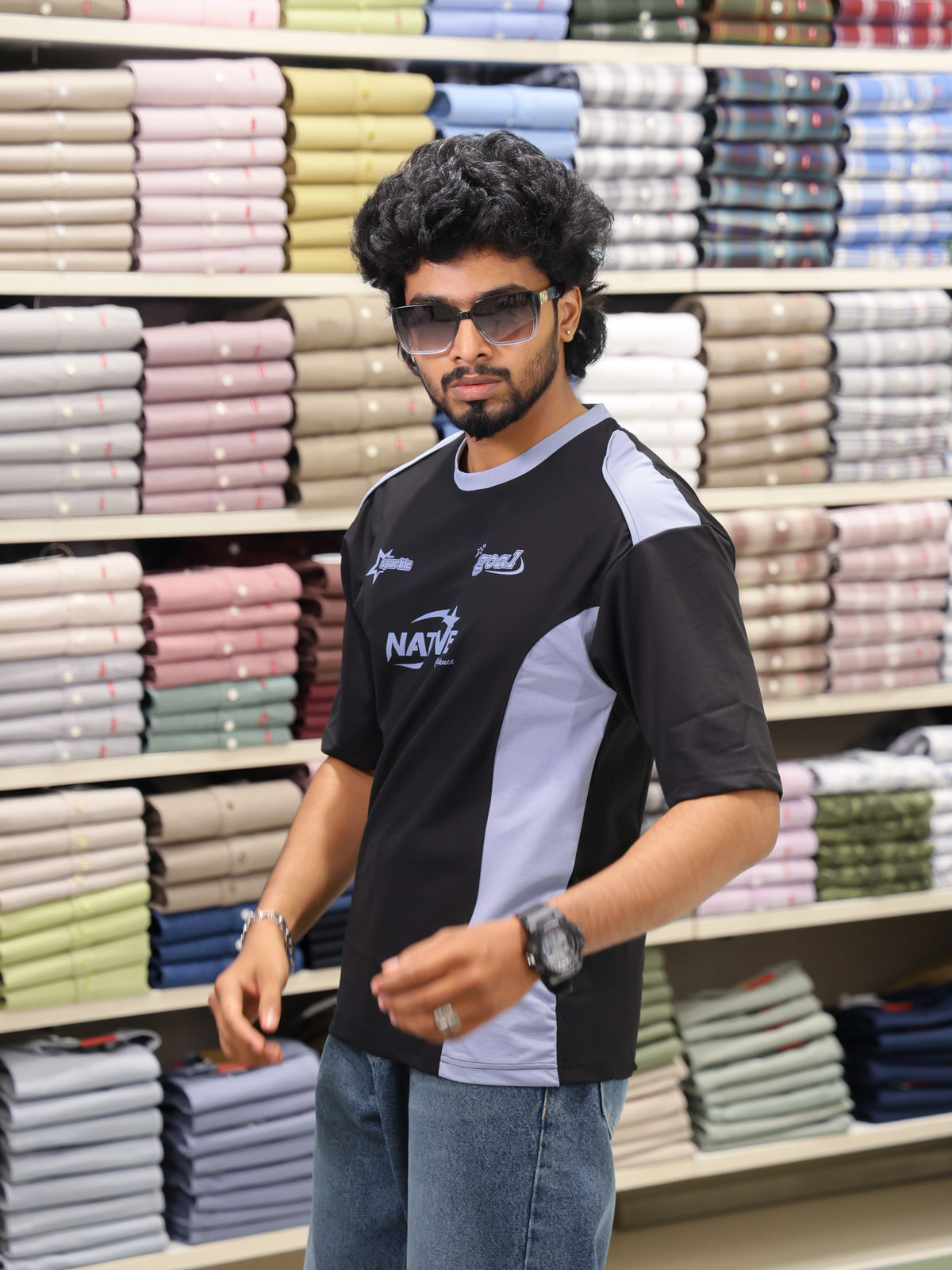 Black Cotton-Blended Cut-And-Sew T-Shirt