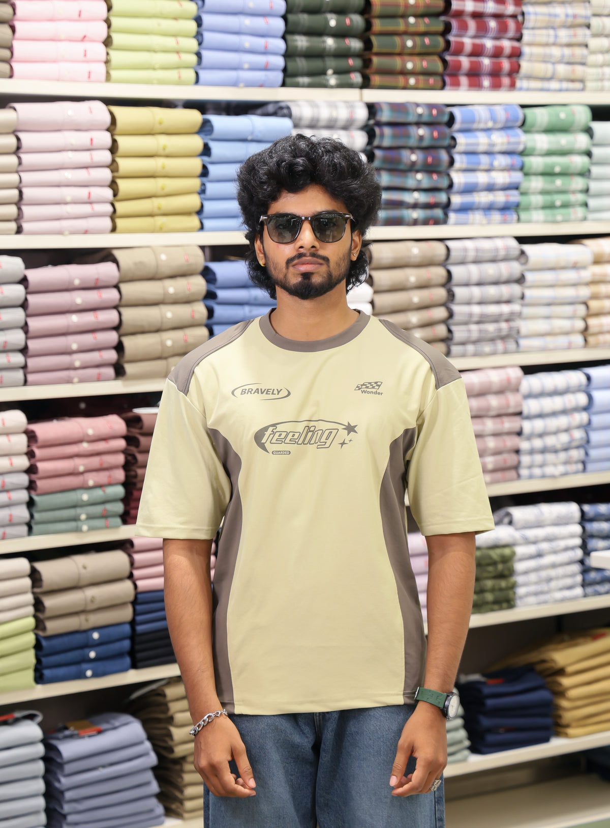 Light Green Cotton-Blended Cut-And-Sew T-Shirt