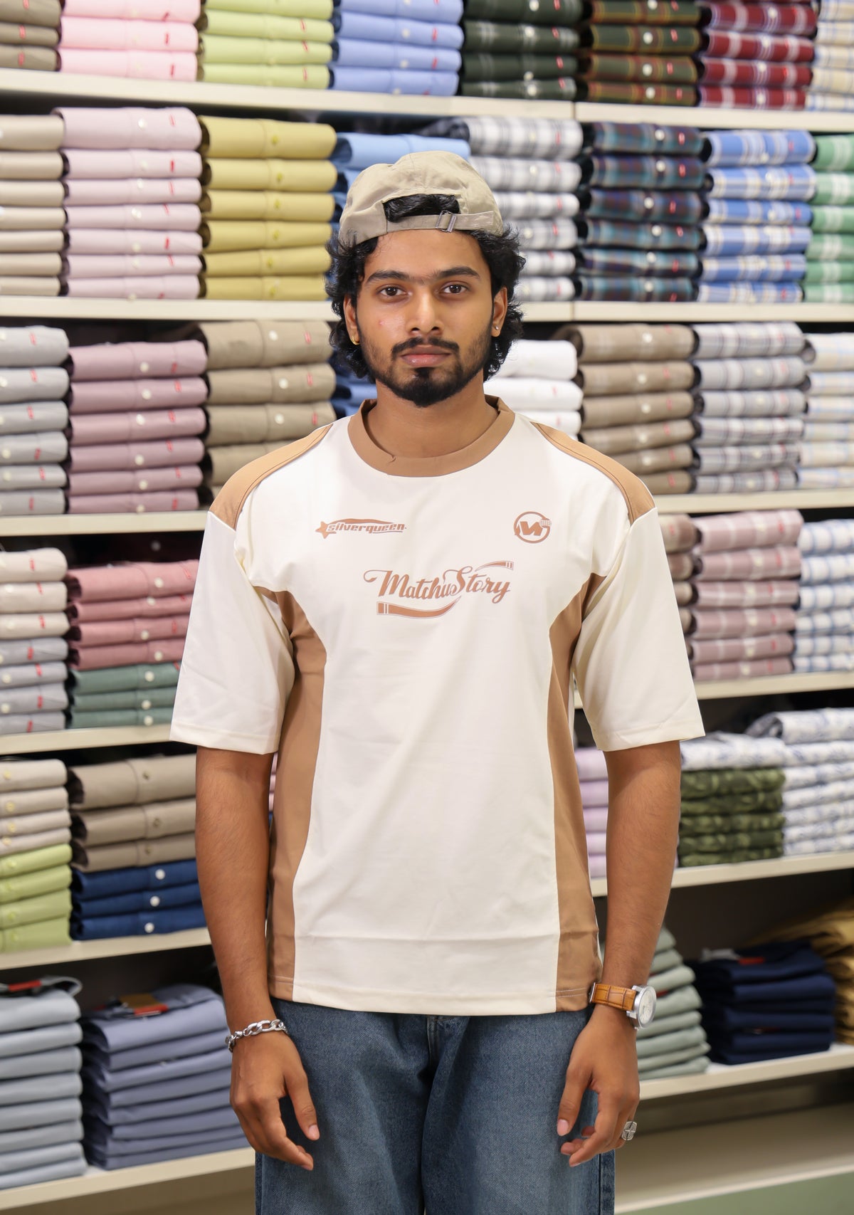Cream Cotton-Blended Cut-And-Sew T-Shirt