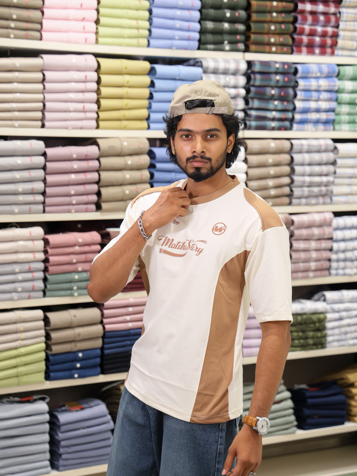 Cream Cotton-Blended Cut-And-Sew T-Shirt