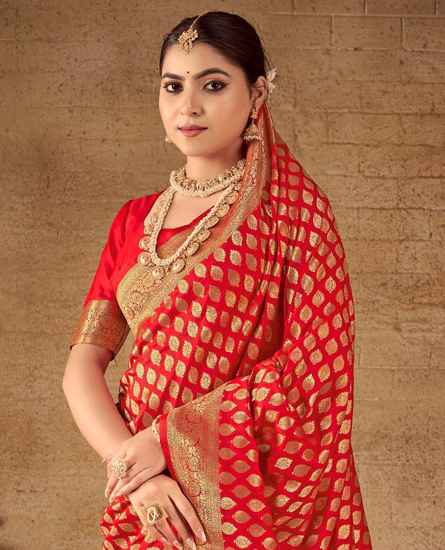 Red Semi Banaras Silk Designer Catalog Saree, Decorated with Zari Buttas, Highlighted by a Zari Floral Creeper Border, Pallu of Intricate Designs, and a Matching Blouse