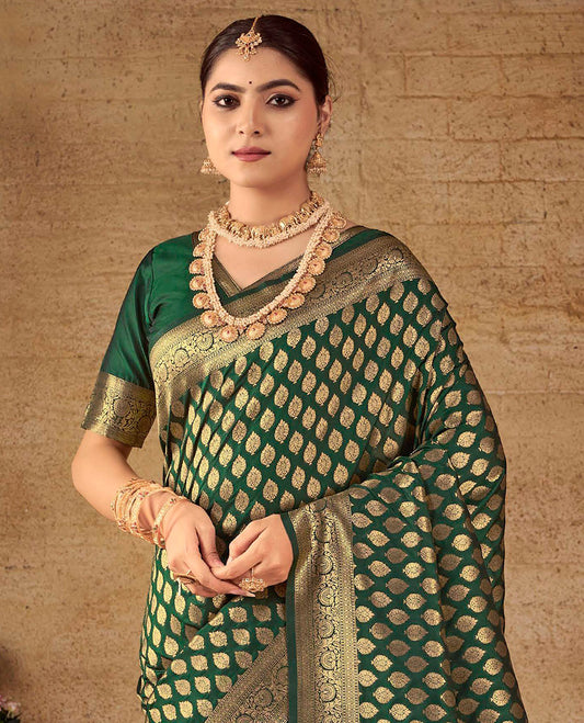 Green Semi Banaras Silk Designer Catalog Saree, Decked Up with Zari Buttas, Highlighted by a Zari Floral Creeper Border, Pallu of Intricate Designs, and a Matching Blouse