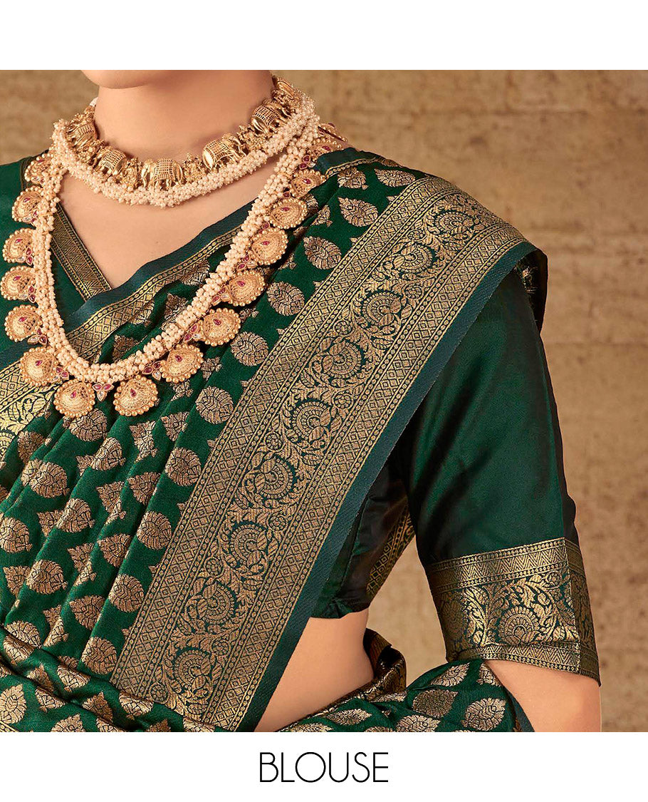 Green Semi Banaras Silk Designer Catalog Saree, Decked Up with Zari Buttas, Highlighted by a Zari Floral Creeper Border, Pallu of Intricate Designs, and a Matching Blouse