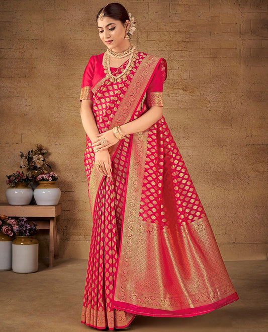 Pink Semi Banaras Silk Designer Catalog Saree, Bedecked with Zari Buttas, Highlighted by a Zari Floral Creeper Border, Pallu of Intricate Designs, and a Matching Blouse