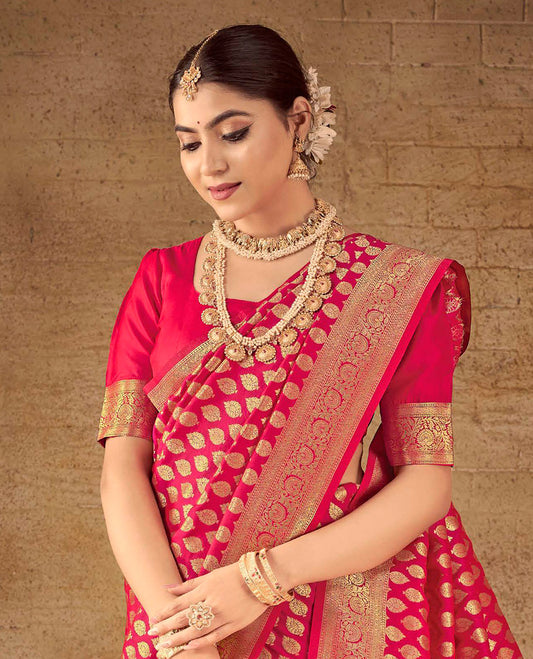Pink Semi Banaras Silk Designer Catalog Saree, Bedecked with Zari Buttas, Highlighted by a Zari Floral Creeper Border, Pallu of Intricate Designs, and a Matching Blouse