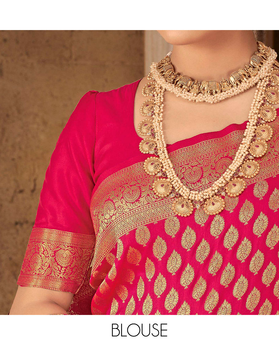 Pink Semi Banaras Silk Designer Catalog Saree, Bedecked with Zari Buttas, Highlighted by a Zari Floral Creeper Border, Pallu of Intricate Designs, and a Matching Blouse