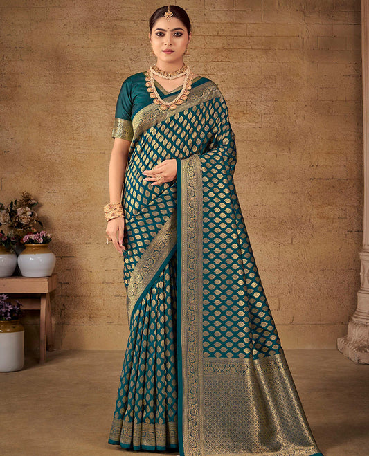 Peacock Blue Semi Banaras Silk Designer Catalog Saree, Delicately Woven with Zari Buttas, Highlighted by a Zari Floral Creeper Border, Pallu of Intricate Designs, and a Matching Blouse