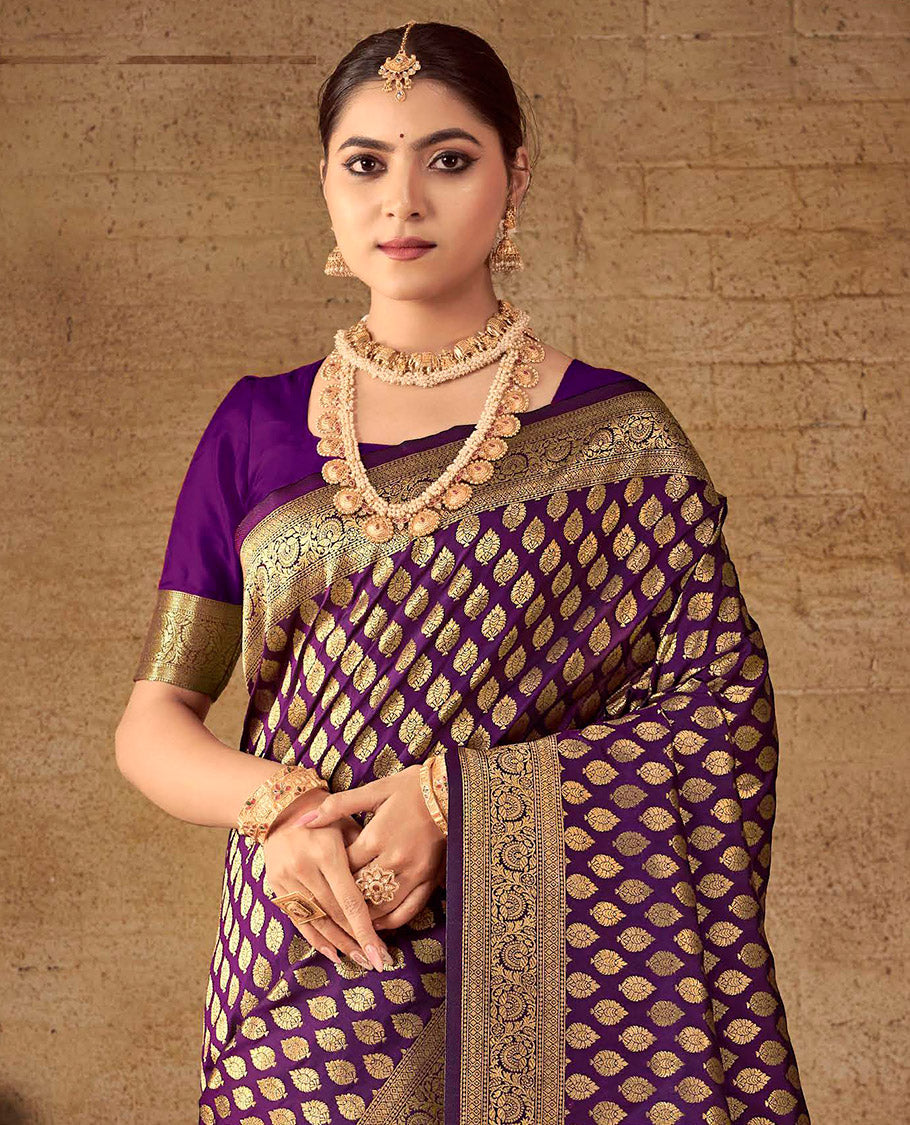 Purple Semi Banaras Silk Designer Catalog Saree, Spotlighted with Zari Buttas, Highlighted by a Zari Floral Creeper Border, Pallu of Intricate Designs, and a Matching Blouse