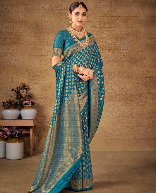 Blue Semi Banaras Silk Designer Catalog Saree, Enthralled with Zari Buttas, Highlighted by a Zari Floral Creeper Border, Pallu of Intricate Designs, and a Matching Blouse