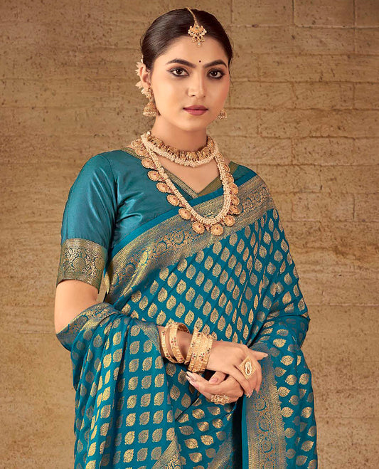 Blue Semi Banaras Silk Designer Catalog Saree, Enthralled with Zari Buttas, Highlighted by a Zari Floral Creeper Border, Pallu of Intricate Designs, and a Matching Blouse