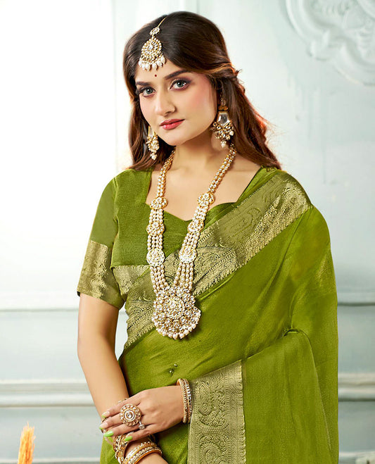 Parrot Green Plain Crushed Tissue Designer Catalog Saree