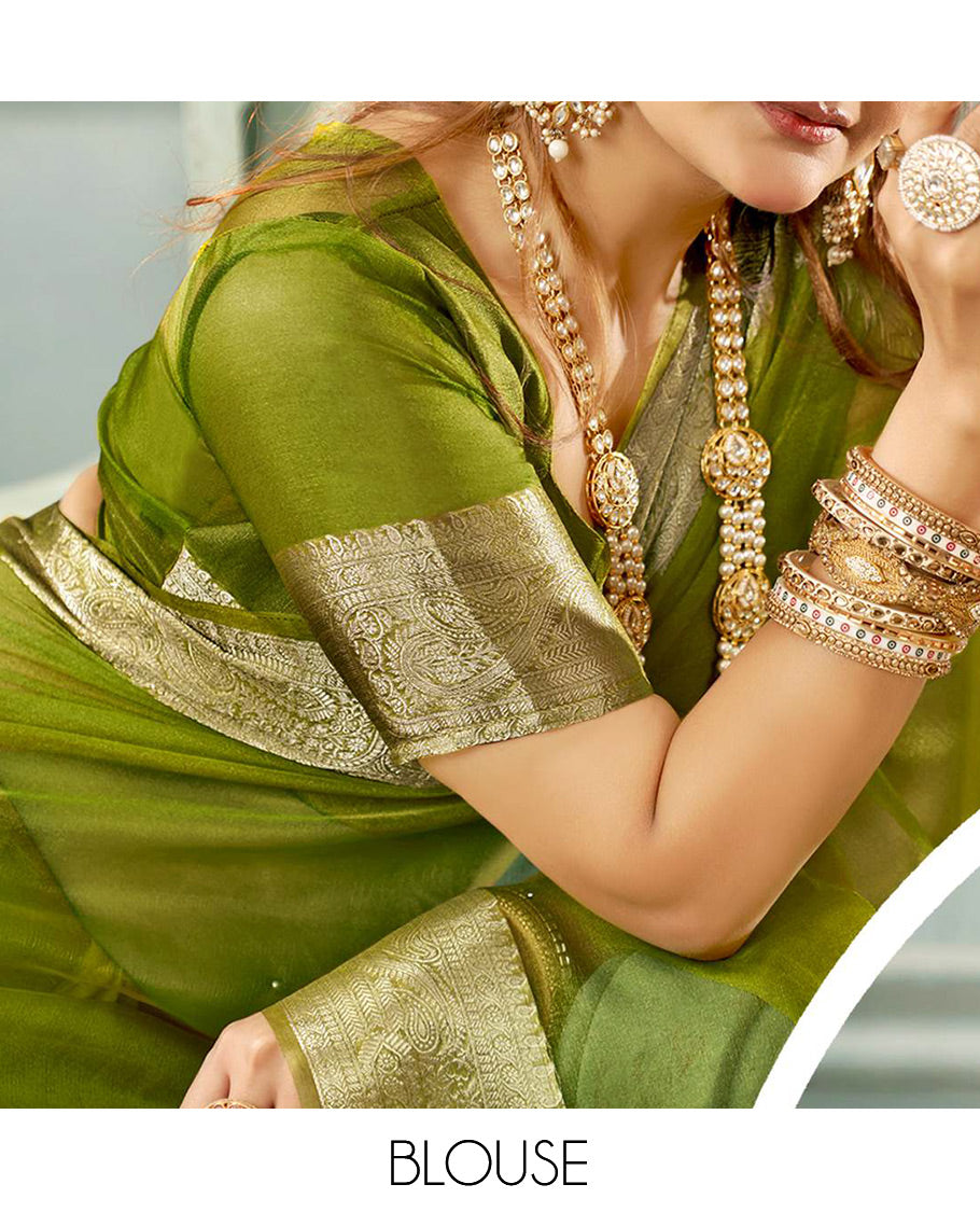 Parrot Green Plain Crushed Tissue Designer Catalog Saree
