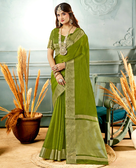 Parrot Green Plain Crushed Tissue Designer Catalog Saree