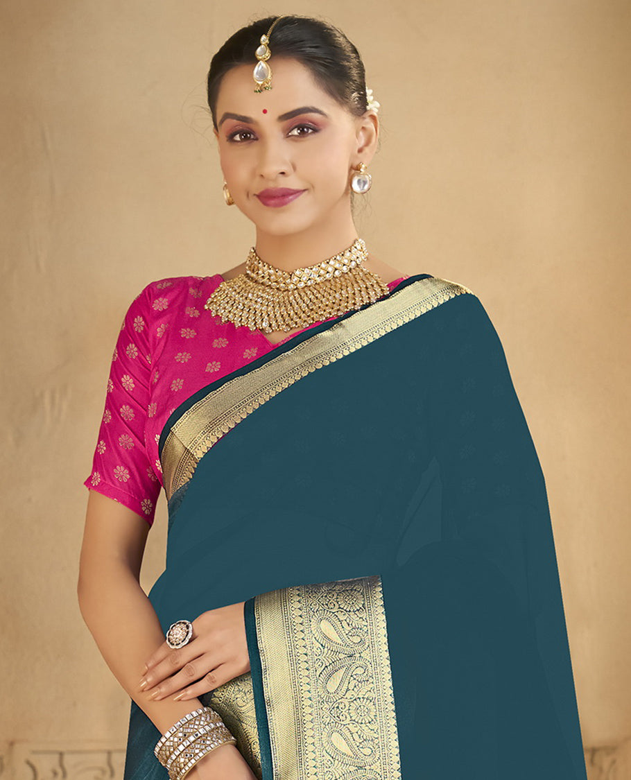 Peacock Blue Plain Fancy Organza Designer Catalog Saree