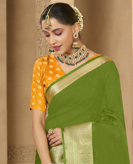 Parrot Green Plain Fancy Organza  Designer Catalog Saree