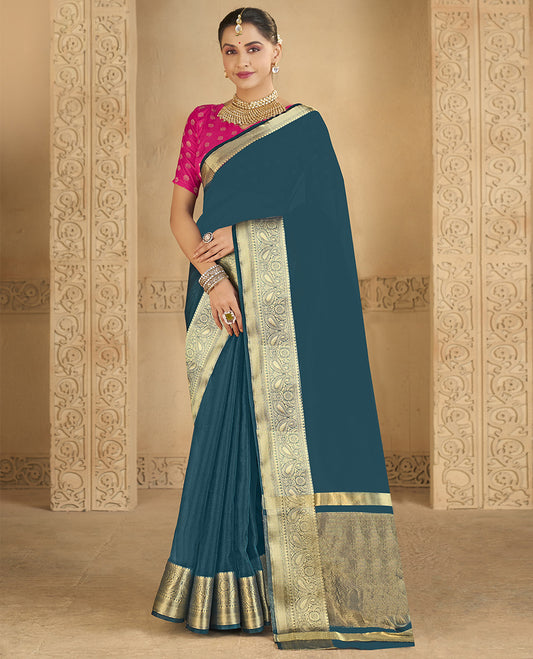 Peacock Blue Plain Fancy Organza Designer Catalog Saree
