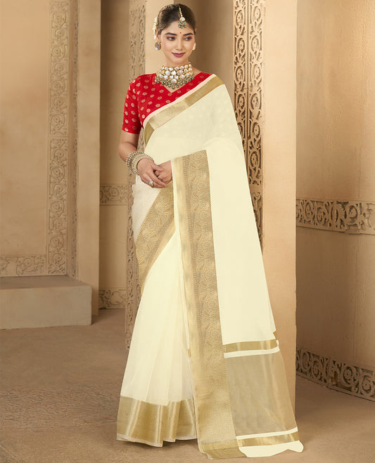 Cream Plain Fancy Organza Designer Catalog Saree