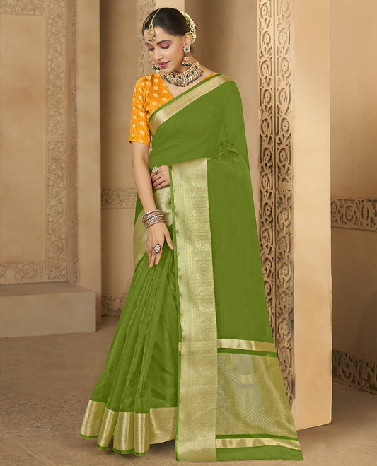Parrot Green Plain Fancy Organza  Designer Catalog Saree