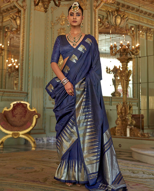 Navy Blue Plain Designer Saree, Complemented by a Gleaming Temple Zari Border, Scintillating Zari Decked Up Pallu, and Comes with a Matching Blouse