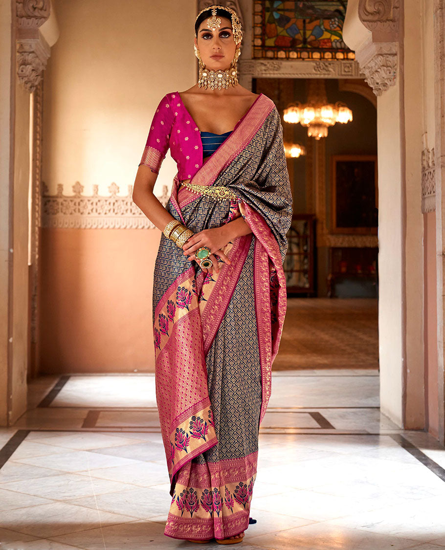 Dark blue jaal-patterned designer catalog saree, contrast traditional motifs border of resham floral designs, and ogee patterned pallu