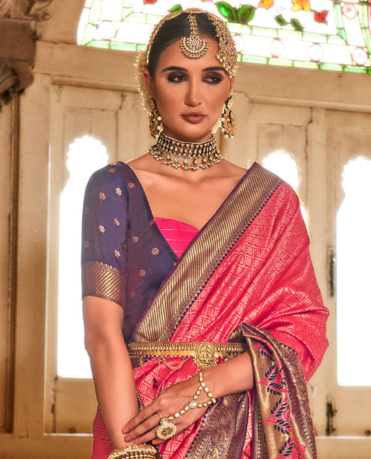 Pink jaal-patterned designer catalog saree, contrast traditional motifs border of resham floral designs, and ogee patterned pallu