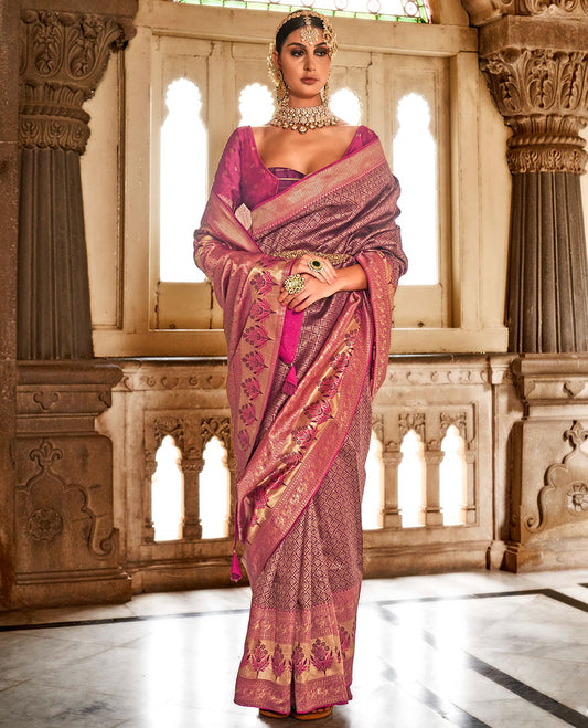 Purple jaal-patterned designer catalog saree, contrast traditional motifs border of resham floral designs, and ogee patterned pallu