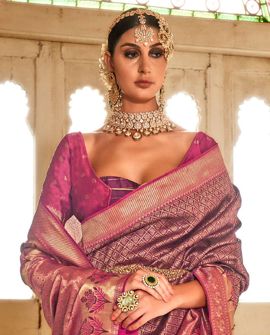 Purple jaal-patterned designer catalog saree, contrast traditional motifs border of resham floral designs, and ogee patterned pallu