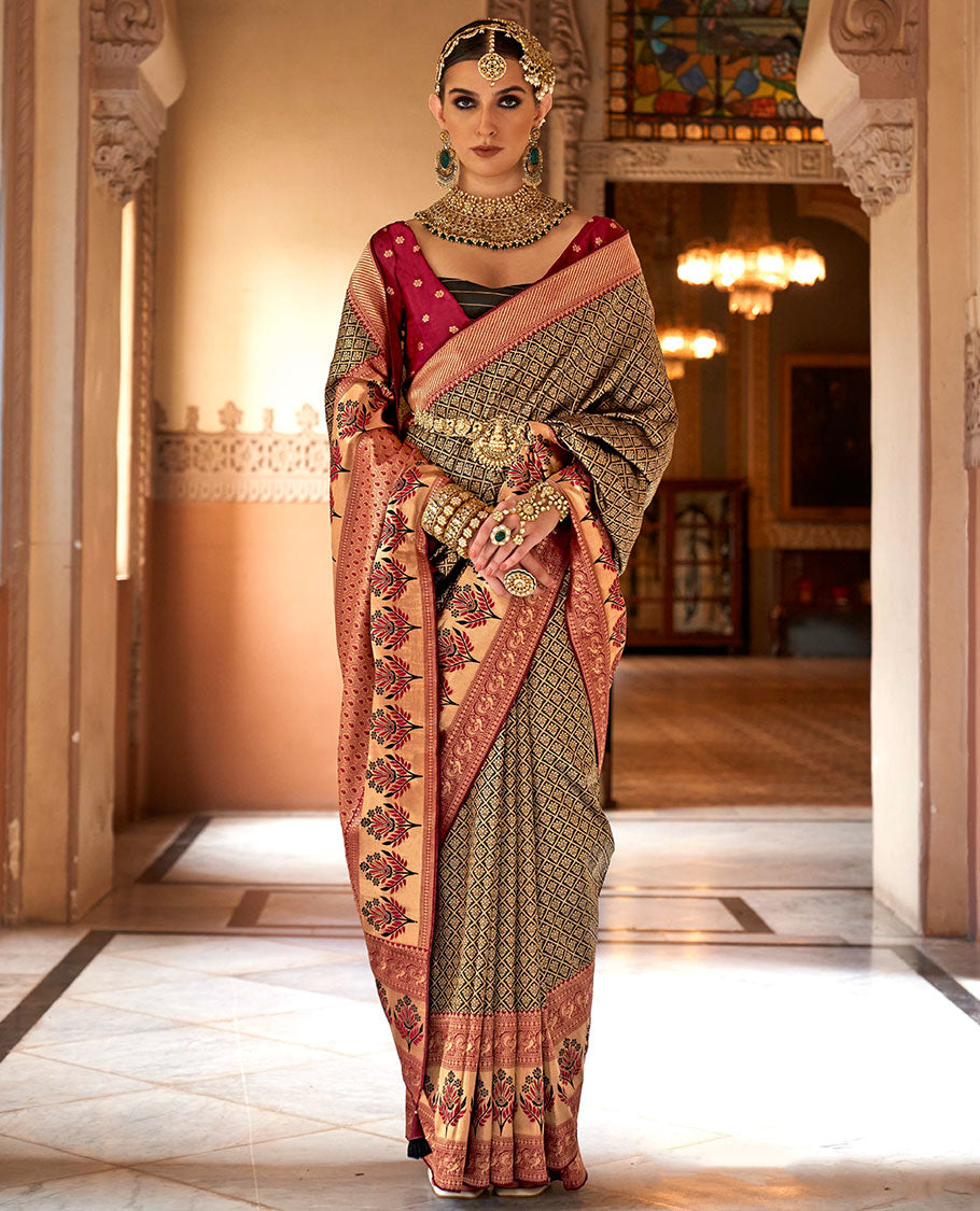 Black jaal-patterned designer catalog saree, contrast traditional motifs border of resham floral designs, and ogee patterned pallu