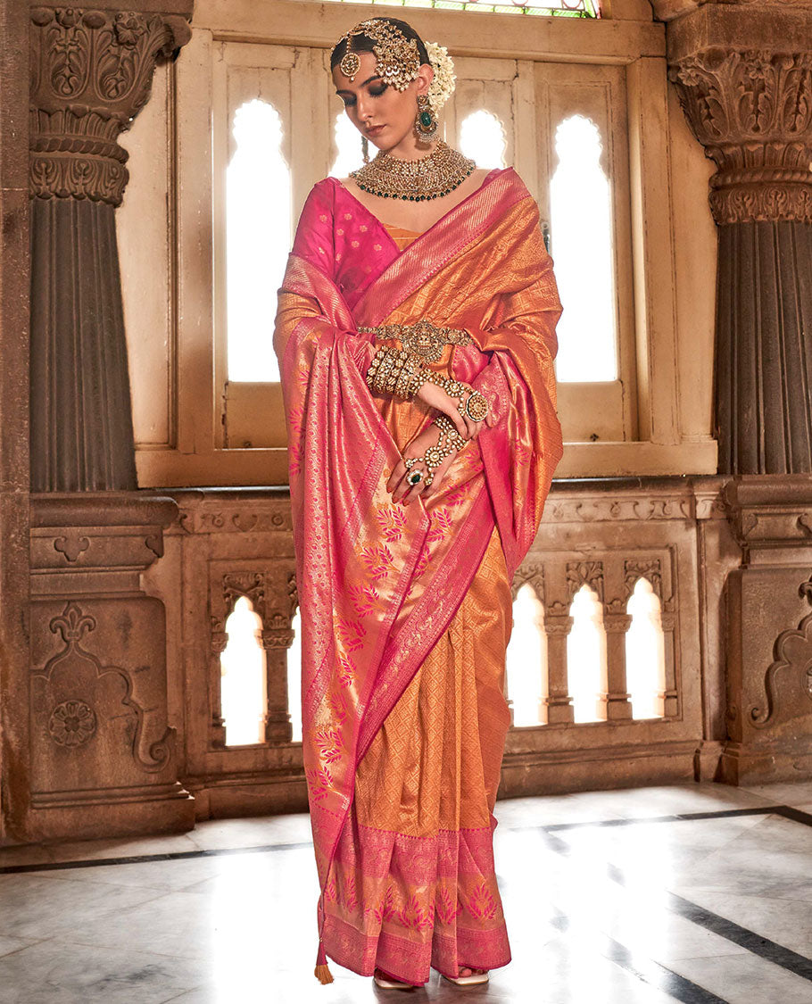 Orange jaal-patterned designer catalog saree, contrast traditional motifs border of resham floral designs, and ogee patterned pallu