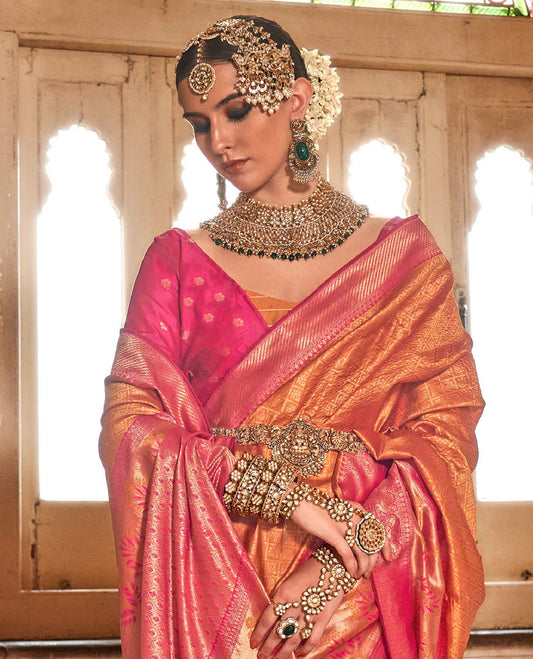 Orange jaal-patterned designer catalog saree, contrast traditional motifs border of resham floral designs, and ogee patterned pallu