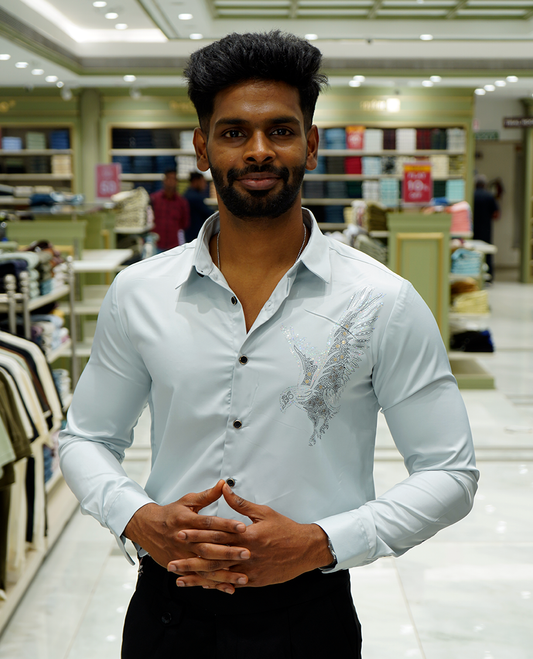 Light Blue Designer Party Wear Shirt Features Bird Embroidered, a Spread Collar, Full Sleeves, a Slim Fit, and Regular Length