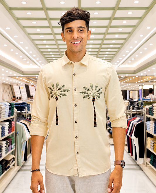 Cream Cotton-Blended Casual Shirt, Artfully Designed with Palm Tree Motifs Embroidery, Featuring a Spread Collar, Full Sleeves, Slim Fit, and Regular Length