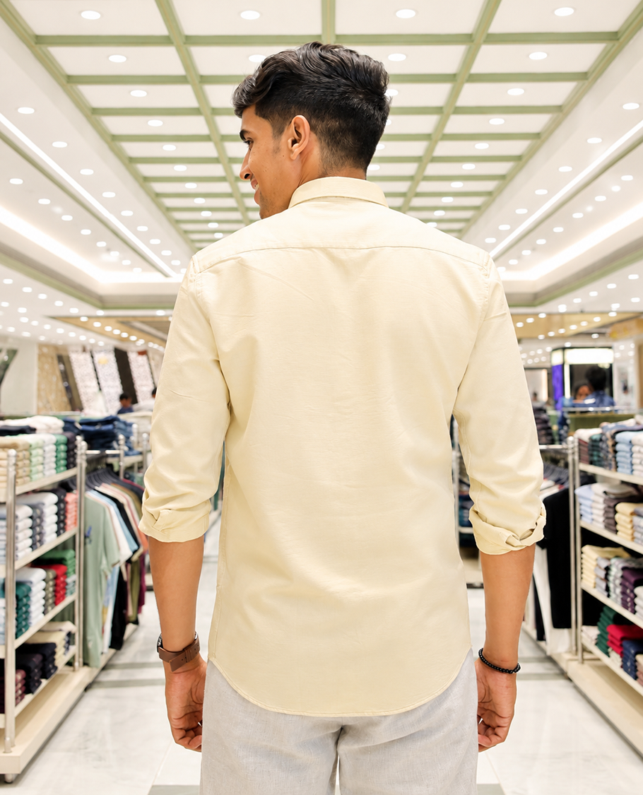 Cream Cotton-Blended Casual Shirt, Artfully Designed with Palm Tree Motifs Embroidery, Featuring a Spread Collar, Full Sleeves, Slim Fit, and Regular Length