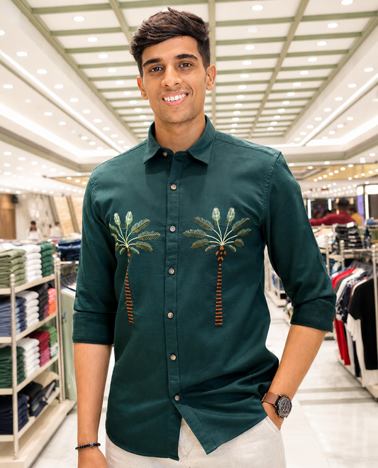 Green Cotton-Blended Casual Shirt, Artfully Designed with Palm Tree Motifs Embroidery, Featuring a Spread Collar, Full Sleeves, Slim Fit, and Regular Length