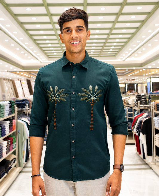 Green Cotton-Blended Casual Shirt, Artfully Designed with Palm Tree Motifs Embroidery, Featuring a Spread Collar, Full Sleeves, Slim Fit, and Regular Length