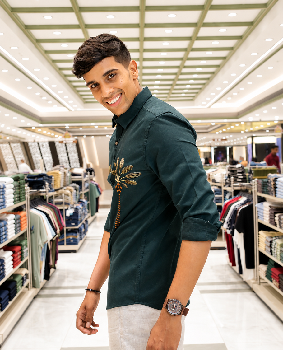Green Cotton-Blended Casual Shirt, Artfully Designed with Palm Tree Motifs Embroidery, Featuring a Spread Collar, Full Sleeves, Slim Fit, and Regular Length