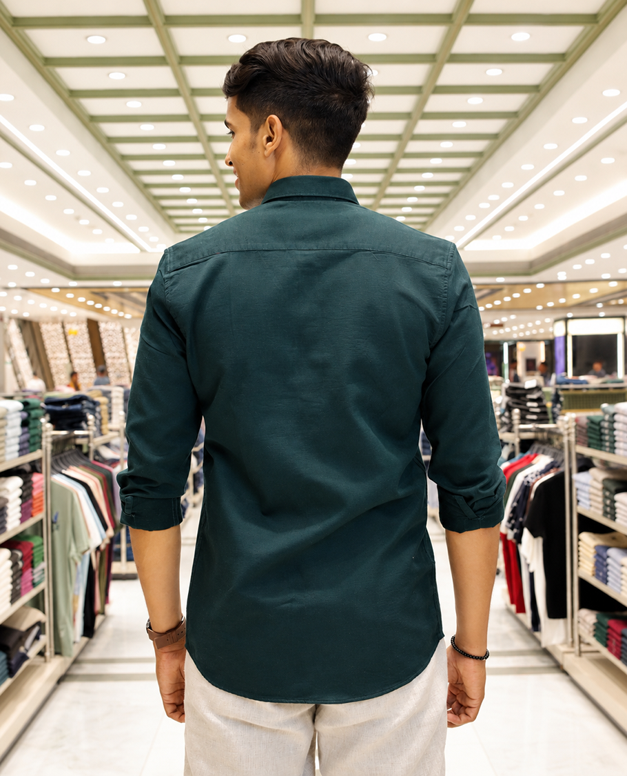 Green Cotton-Blended Casual Shirt, Artfully Designed with Palm Tree Motifs Embroidery, Featuring a Spread Collar, Full Sleeves, Slim Fit, and Regular Length