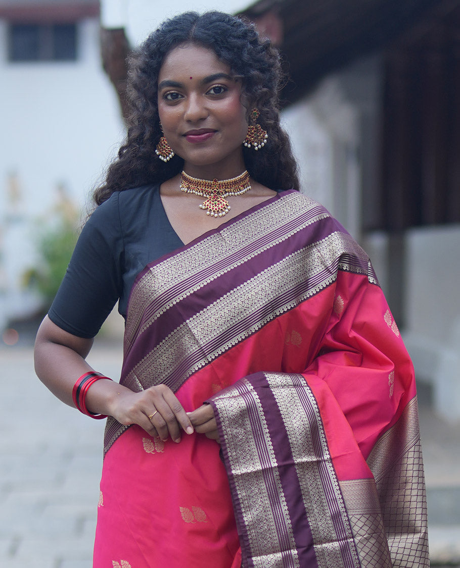 Orange and Brown Budget Silk Saree, Enriched with Leaf Zari Buttas All Over Its Body, Complemented by Contrast Rettai Pettu Traditional Zari Designs Woven Border, Grand Jaal Pallu, and Paired with a Contrast Blouse