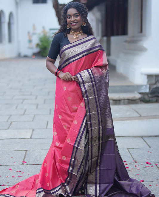 Reddish Orange and Coffee Brown Budget Silk Saree, Subtly Sparkled With Vaira Oosai Stripes and Zari Buttas ,  Complemented by Contrast Varisai Pettu Traditional Zari Border of Peacock Designs, Grand Jaal Pallu and Paired with a Contrast Blouse