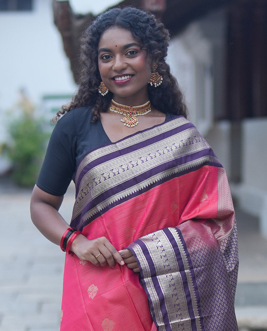 Reddish Orange and Coffee Brown Budget Silk Saree, Subtly Sparkled With Vaira Oosai Stripes and Zari Buttas ,  Complemented by Contrast Varisai Pettu Traditional Zari Border of Peacock Designs, Grand Jaal Pallu and Paired with a Contrast Blouse