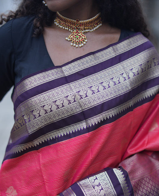 Reddish Orange and Coffee Brown Budget Silk Saree, Subtly Sparkled With Vaira Oosai Stripes and Zari Buttas ,  Complemented by Contrast Varisai Pettu Traditional Zari Border of Peacock Designs, Grand Jaal Pallu and Paired with a Contrast Blouse