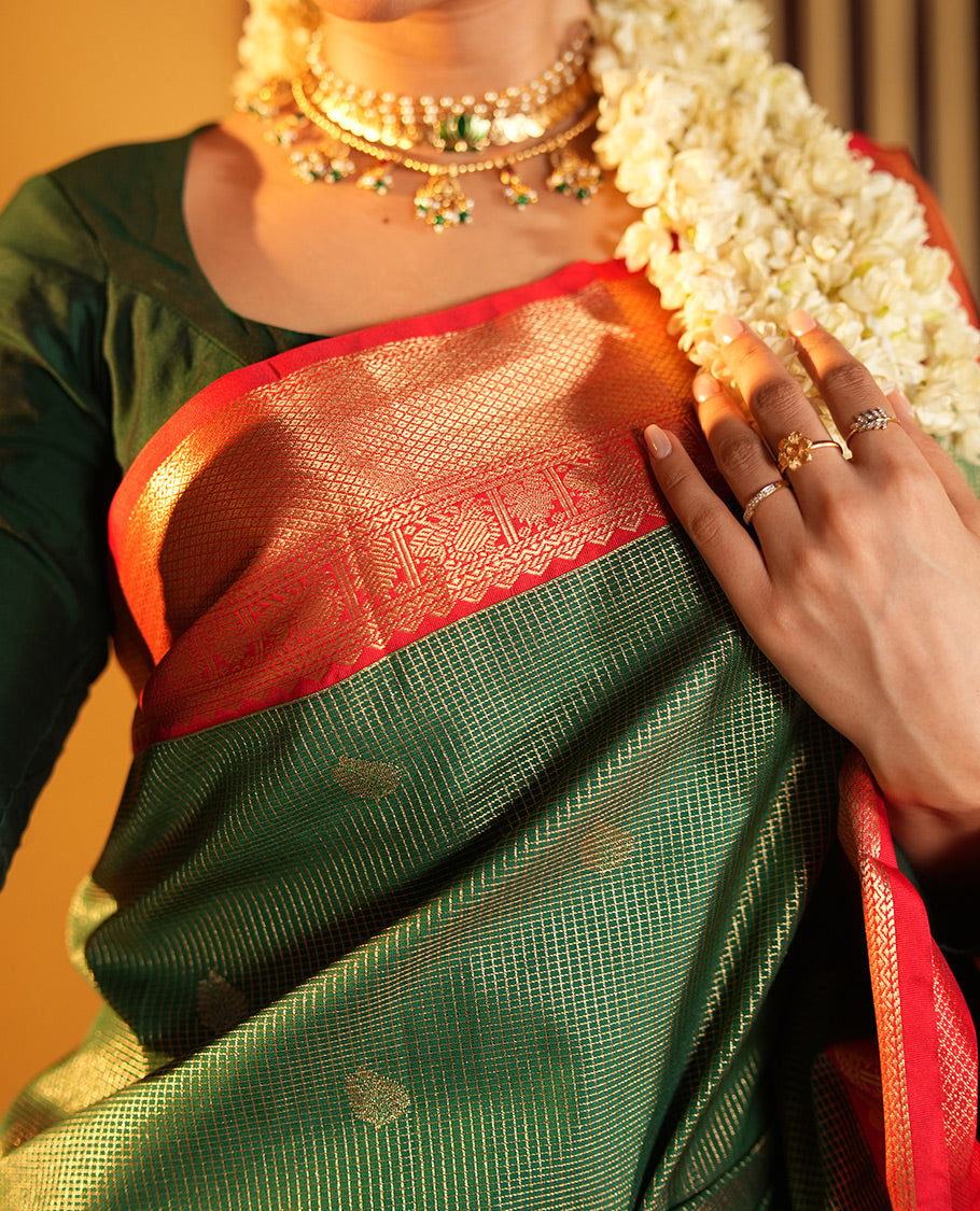 Green and Red Budget Silk Saree, Delicately Woven with Zari Buttas and Checks on Its Body, Complemented by a Contrast Traditional Zari Border of Peacock Designs, Grand Pallu, and Paired with a Contrast Blouse