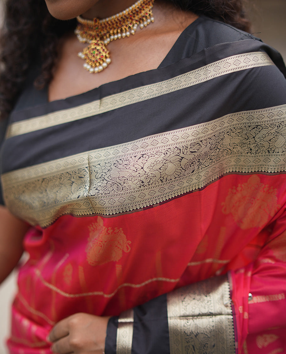Reddish Orange Budget Silk Saree, Adorned with Jhumka Butta Enclosed Checks, Contrast Traditional Zari Rettai Pettu Border, Grand Pallu, and a Contrast Blouse