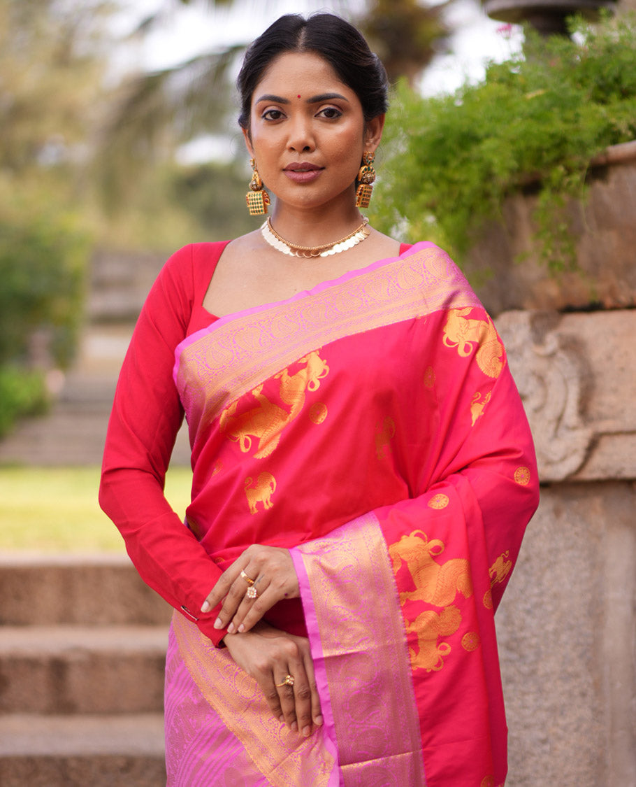 Red Yalli Motif Budget Silk Saree, Contrast Traditional Zari Border, and a Contrast Blouse