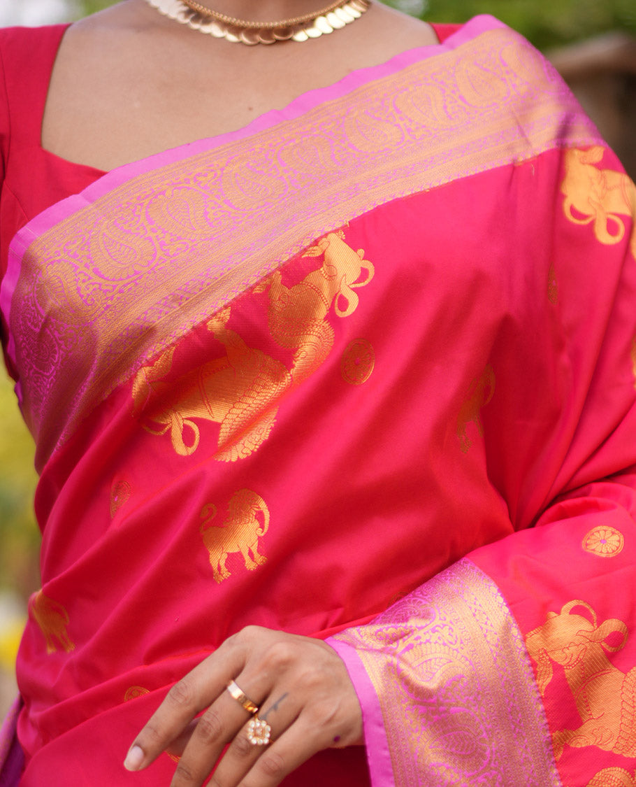 Red Yalli Motif Budget Silk Saree, Contrast Traditional Zari Border, and a Contrast Blouse