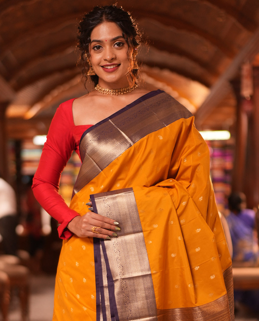 Mustard-Purple Zari Buttas Budget Silk Saree, a Contrast Traditional Zari Border, Grand Pallu, a Contrast Blouse