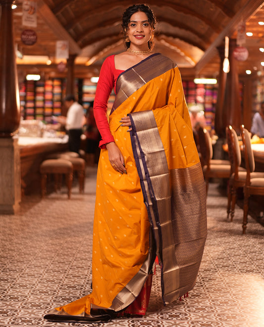 Mustard-Purple Zari Buttas Budget Silk Saree, a Contrast Traditional Zari Border, Grand Pallu, a Contrast Blouse