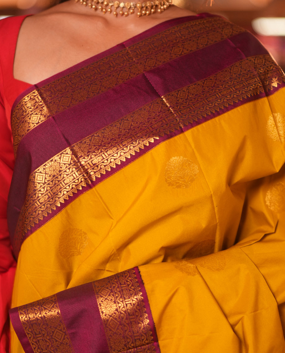 Lemon Yellow-Purple Zari Buttas Budget Silk Saree, a Contrast Traditional Rettai Pettu Border, Grand Pallu, a Contrast Blouse