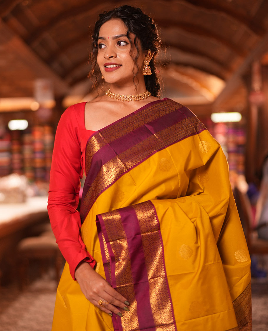 Lemon Yellow-Purple Zari Buttas Budget Silk Saree, a Contrast Traditional Rettai Pettu Border, Grand Pallu, a Contrast Blouse